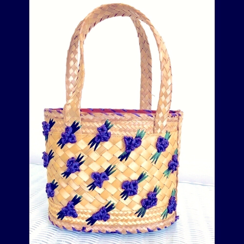 Imported artisan Natural straw bucket bag purple flowers lined
